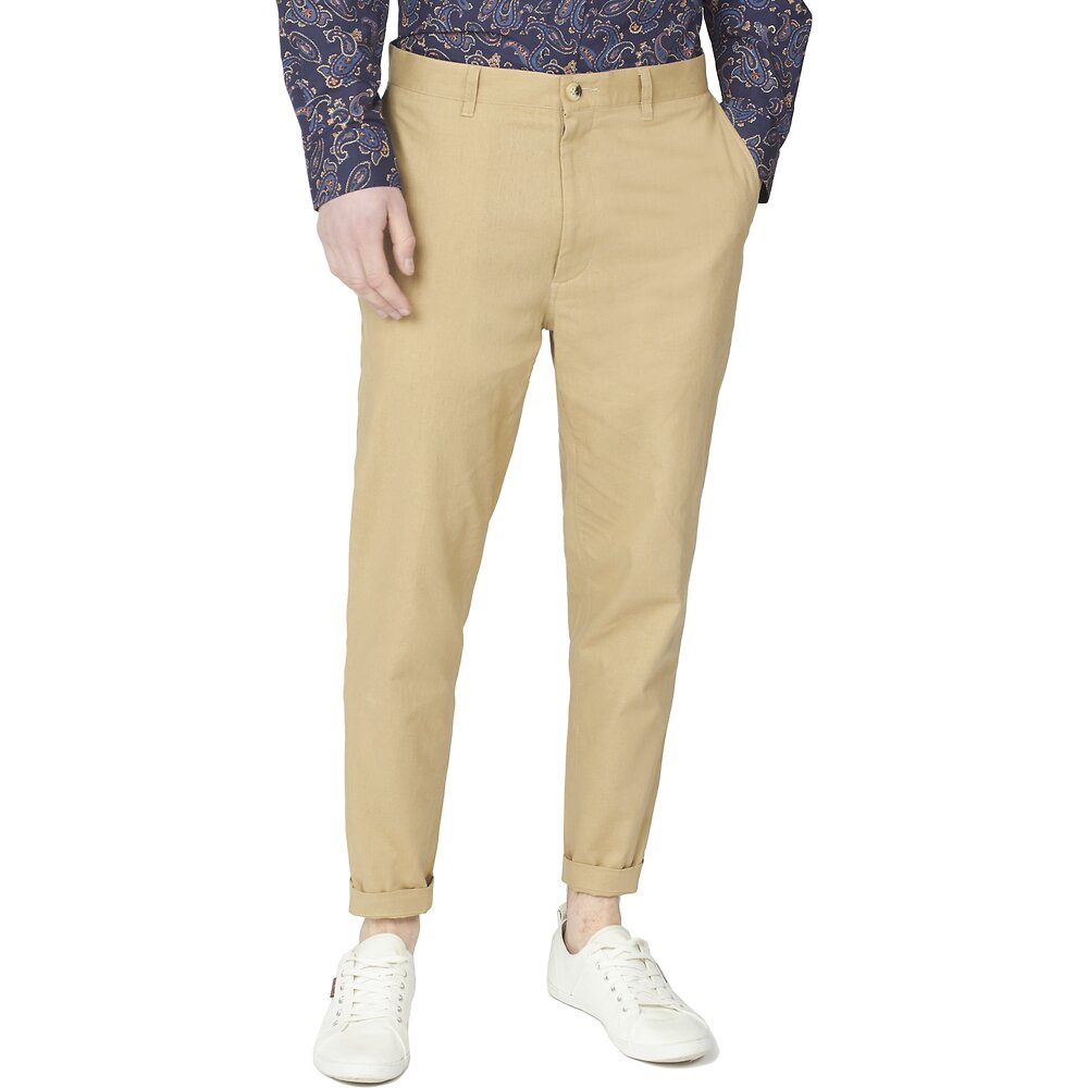 COTTON/LINEN SLIM TAPER TROUSER SAND